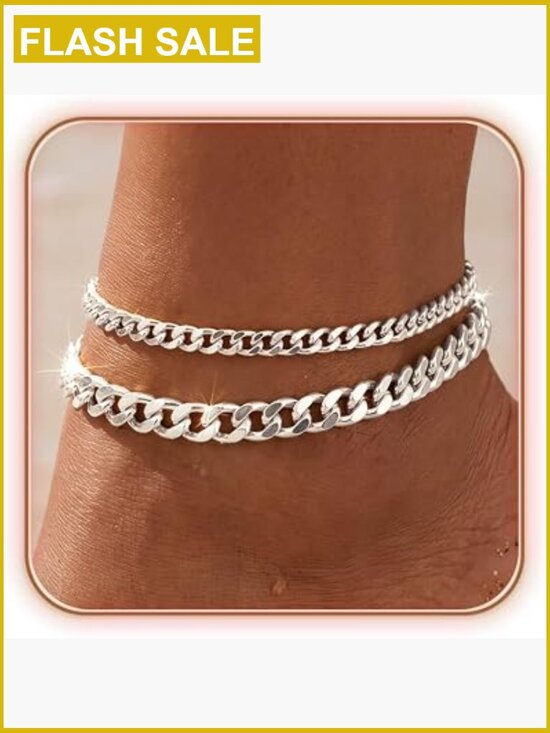 Jewelry - Layered Ankle Bracelets Set for Women 14K Gold/Silver Plated Cuban Chain Dainty